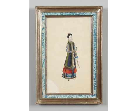 A framed 19th century Chinese watercolour on rice paper, portrait of a Mandarin figure dressed in a robe, 27.5cm x 16cm. Cond