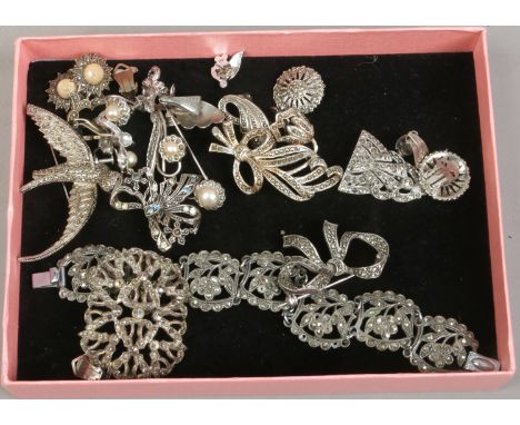 A box of vintage marcasite jewellery including a swallow brooch etc.