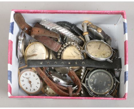 A box of ladies and gents assorted manual wristwatches and watch parts, mostly for repair.