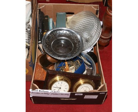 A box of miscellaneous and collectables including metalwares, plaques, books, ornaments, novelty clock, silver plate etc.