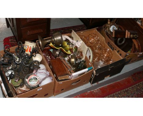 Four boxes of miscellaneous to include Bretby, carnival glass, bakelite clock, glass shades etc.