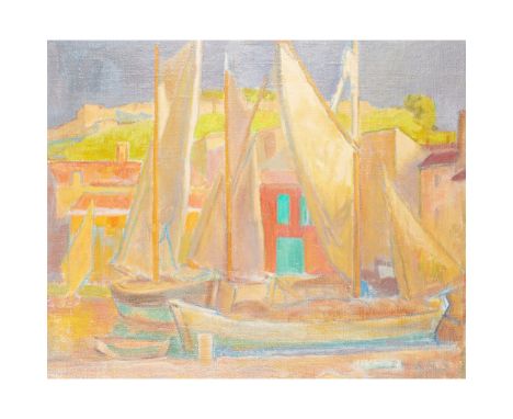 § ALEXANDER GRAHAM MUNRO R.S.W. (SCOTTISH 1903-1985) BOATS IN HARBOUR Oil on canvasboard(61cm x 74.5cm (24in x 29.25in))
