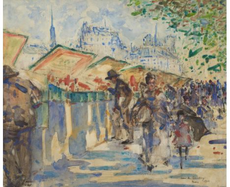 § JOHN RANKINE BARCLAY (SCOTTISH 1884-1962) BROWSING THE PRINT SELLERS Signed, inscribed and dated 'Paris 1919', watercolour(