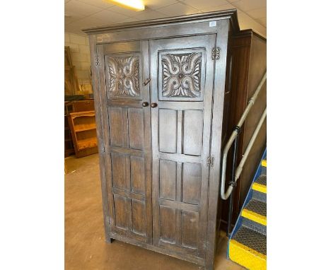 Dark wood two door vintage wardrobe, approx 107cm x 49cm x 184cm tall