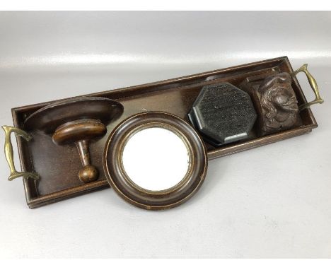 Small collection of treen to include tray with brass handles, an octagonal box with hinged lid, a circular framed mirror, an 