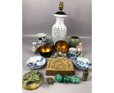 Collection of Chinese curios to include decorative eggs, carved stone items, a stamp, carved box, miniature vase, pair of bow