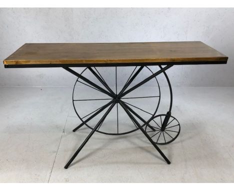 Modern console table with a penny farthing base, approx 121cm x 41cm x 75cm tall