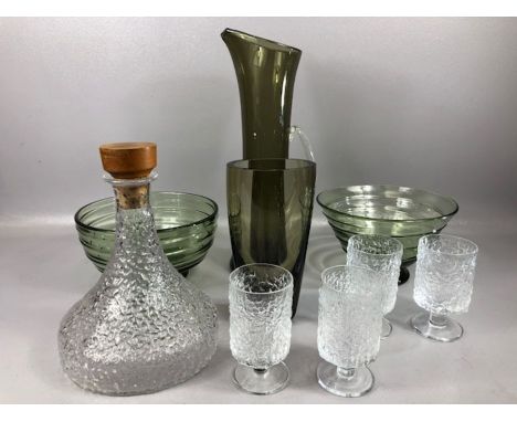 Nine pieces of Whitefriars Glassware, several by Baxter to include Decanter and four matching glasses, Martini Pitcher etc