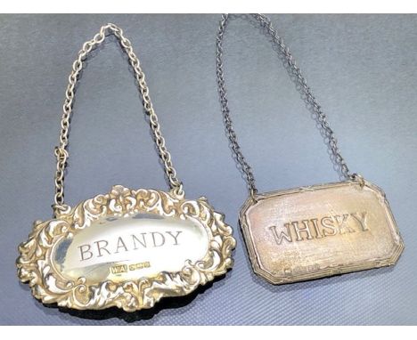 Two Silver hallmarked decanter labels on chains for Whisky and Brandy