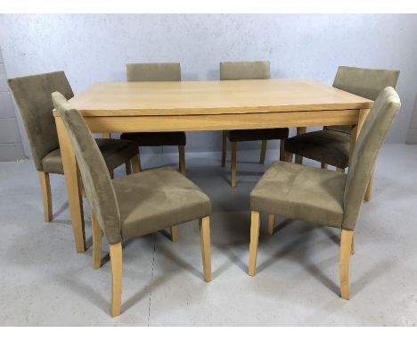 Modern beech effect dining table with six grey upholstered dining chairs, table approx 150cm x 90cm