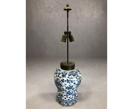 Blue and white ceramic lamp base with brass fittings and makers mark to base, approx 80cm tall