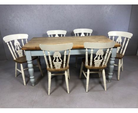 Pine farmhouse kitchen dining table with single drawer and painted base, approx 168cm x 86cm x 79cm tall, accompanied by six 