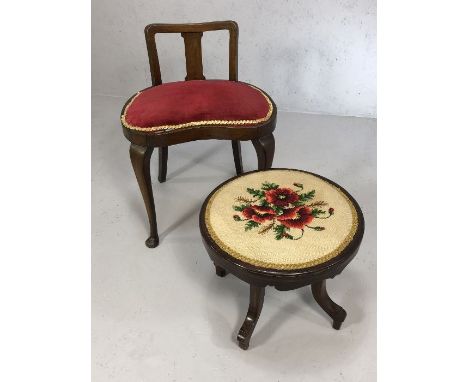 Kidney shaped, low backed antique occasional chair along with a swivel stool with tapestry seat