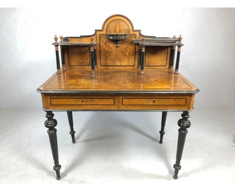 Ebonised and veneer desk or display table with galleried top with ebonised piers, two drawers under, on turned legs (A/F), ap