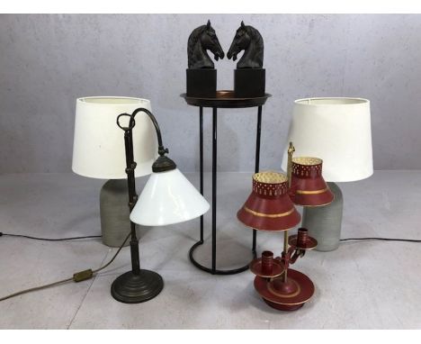 Various modern interiors pieces to include lamps, sculptures of horses and a small tin topped table