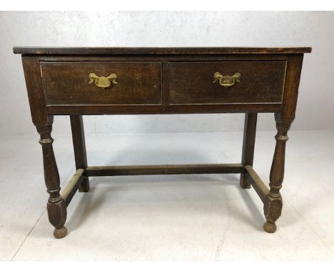 Dark wood console table with two drawers and original handles, approx. 99cm x 48cm x 76cm tall 