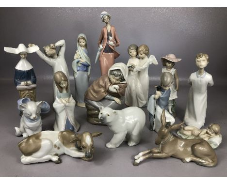 Good collection of Lladro and Nao ceramic figurines, 15 in total, to include praying nun, angels, various animals etc