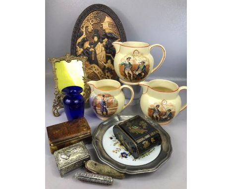 Collection of curios to include three ceramic Wedgwood graduated jugs depicting Dickens characters, the largest approx 15cm i