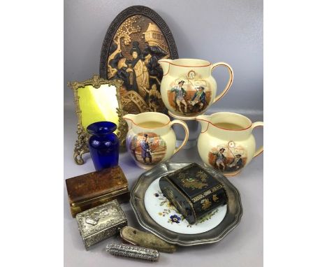 Collection of curios to include three ceramic Wedgwood graduated jugs depicting Dickens characters, the largest approx 15cm i