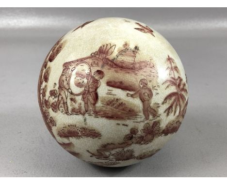 Chinese hand decorated, ceramic decorative ball depicting figural scenes, trees and birds, approx 11cm in diameter
