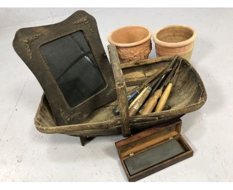 Collection of vintage items to include a trug, selection of chisels, two terracotta pots, a knife sharpening block in a box a