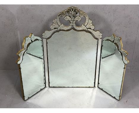 Venetian style triptych dressing table mirror with decorative bevelled edging and acanthus leaf design with diamante flower t