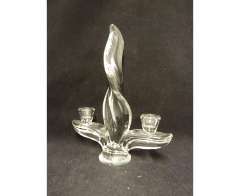 An Art Vannes flame two light candlestick, colourless glass; a Baccarat mid Century free-form pin tray; an Orrefors leaf form