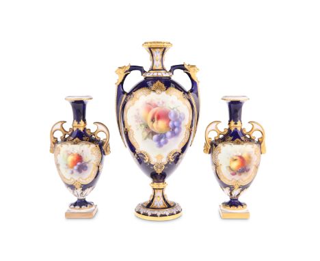 A GARNITURE OF THREE ROYAL WORCESTER FRUIT PAINTED TWO-HANDLED VASES, BY RICHARD SEBRIGHT, shape nos. G 946 and 2330, each pa