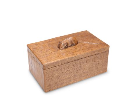 ROBERT THOMPSON OF KILBURNA VINTAGE MOUSEMAN OAK TRINKET BOX, rectangular with lift-off lid, adzed to all visible areas, carv