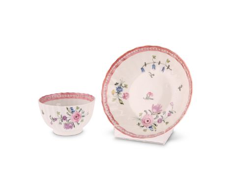 A NEW HALL TEA BOWLcirca 1785Painted with pink two-tone border and floral sprays, unnumbered but pattern 12; together with a 