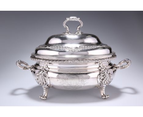 A FINE GEORGE II SILVER SOUP TUREEN AND COVER, by William Cripps, London 1752, compressed oval shape, engraved with armorials