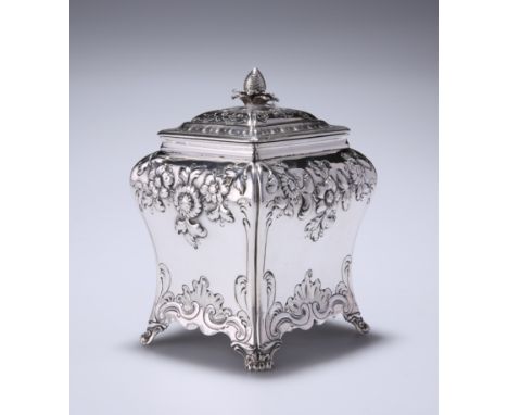A GEORGE III SILVER CADDY,&nbsp;by&nbsp;Pierre Gillois, London 1761, of bombe form, chased with foliage, raised on four scrol