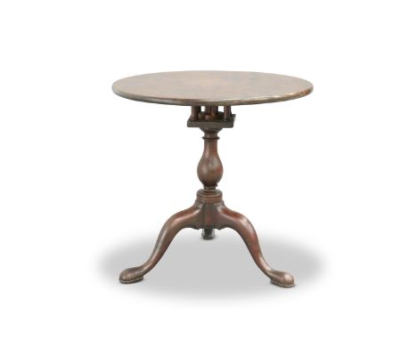 A GEORGE III MAHOGANY BIRDCAGE TRIPOD TABLE, with baluster stem and pad feet. 67.5cm high, 70cm diameter