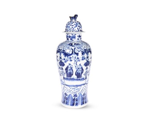 A CHINESE BLUE AND WHITE VASE AND COVER, 19TH CENTURY, of shouldered ovoid form with domed cover, densely painted with figure