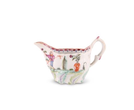 A RARE NEW HALL CREAM JUG, CIRCA 1785Of 'Low Chelsea Ewer' form, painted to pattern number 20 with Chinese figures with a par