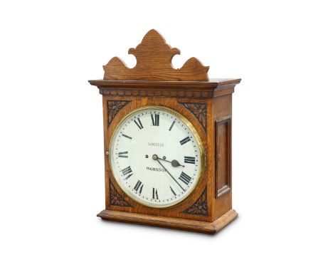 AN OAK STRIKING WALL CLOCK, SIGNED WHEELER, WORKSOP, CIRCA 1880, front corners with carved floral decoration, side doors, 12-