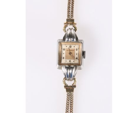 A VINTAGE MOVADO LADY'S WRIST WATCH WITH 9 CARAT GOLD STRAP,&nbsp;Birmingham 1960, with white-metal square case, three-strand