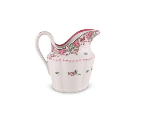 A NEW HALL CREAM JUG, CIRCA 1785-90Helmet-shaped, painted to pattern number 354 with pink scales and floral sprigs, pattern n