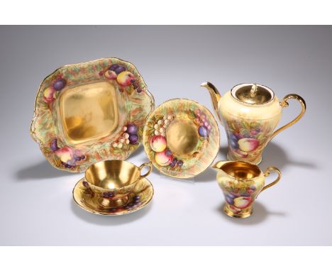 AN AYNSLEY FRUIT DECORATED COFFEE SERVICE, signed N. Brunt and D. Jones, comprising coffee pot, cream jug, sugar bowl, two ca