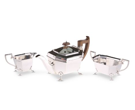 AN ART DECO SILVER THREE-PIECE TEA SERVICE,&nbsp;by Emil Viner, Sheffield 1933, each piece of rectangular form with canted co