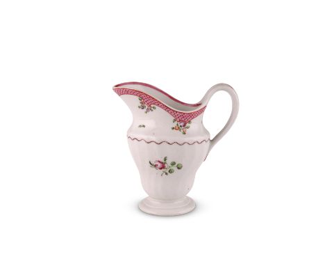 A NEW HALL CREAM JUG, CIRCA 1787-90Of spirally fluted pedestal form, painted to pattern number 173 with a pink hatched border