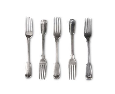 A SET OF FIVE GEORGE III SILVER DESSERT FORKS,&nbsp;by Paul Storr, London 1813, Fiddle pattern, each engraved with a crest. 1