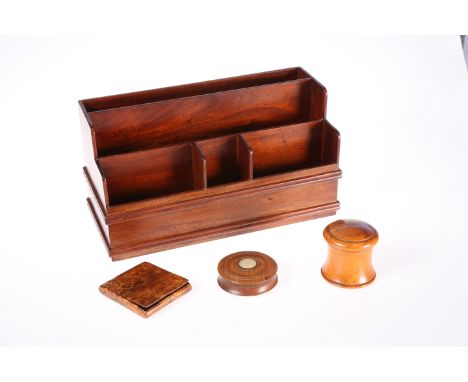 TREEN: A TURNED SYCAMORE BOX, with screw-lid; together with A BURR WOOD CIGARETTE CASE, with recessed hinge; A 19TH CENTURY C