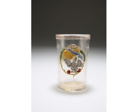 A SAXON ENAMEL PAINTED GLASS BEAKERLate 18th / Early 19th CenturyCylindrical, painted to one side with a coat of arms of crow