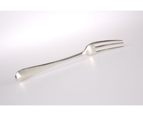 A SILVER THREE-PRONG FORK, CIRCA 1740, Hanoverian pattern, marks indistinct. 17.5cm, 1.5 troy ounces