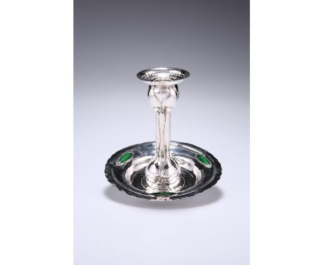 AN ARTS AND CRAFTS&nbsp;SILVER AND ENAMEL CHAMBERSTICK,&nbsp;by&nbsp;William Hutton &amp; Sons Ltd, London 1902, the dished c