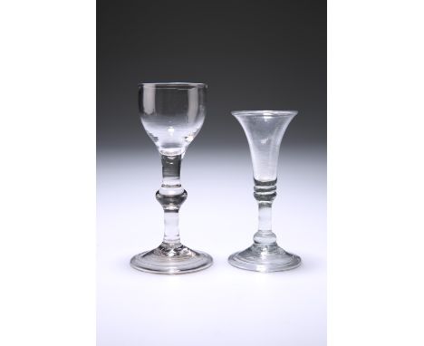 TWO CORDIAL GLASSESCirca 1740The first with trumpet-shaped bowl and domed folded foot, the second with ogee bowl, knopped ste