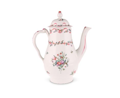 A NEW HALL COFFEE POTcirca 1790Of baluster form, painted to pattern number 186 with flower sprays and leafy lines.25cm high.P