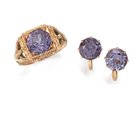 A RING AND PAIR OF EARRINGS, the ring with square mount, stamped 14k, the earrings with screw-backs, one stamped 14k, the oth