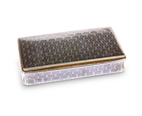 A 19TH CENTURY FRENCH SILVER AND NIELLO SNUFF BOX, rectangular with hinged cover, decorated throughout with a trellis-like de